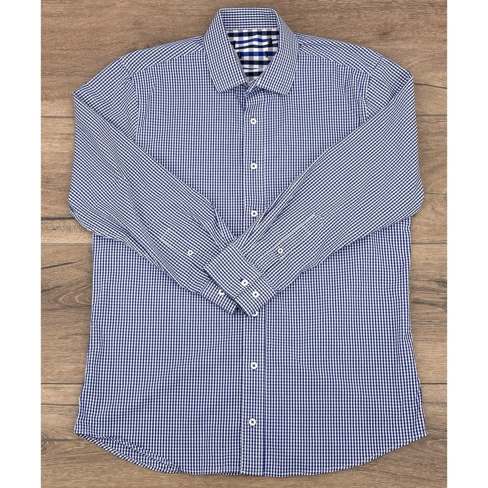 Blue White Gingham Button Down Shirt Mens Size Medium Long Sleeve Cotton